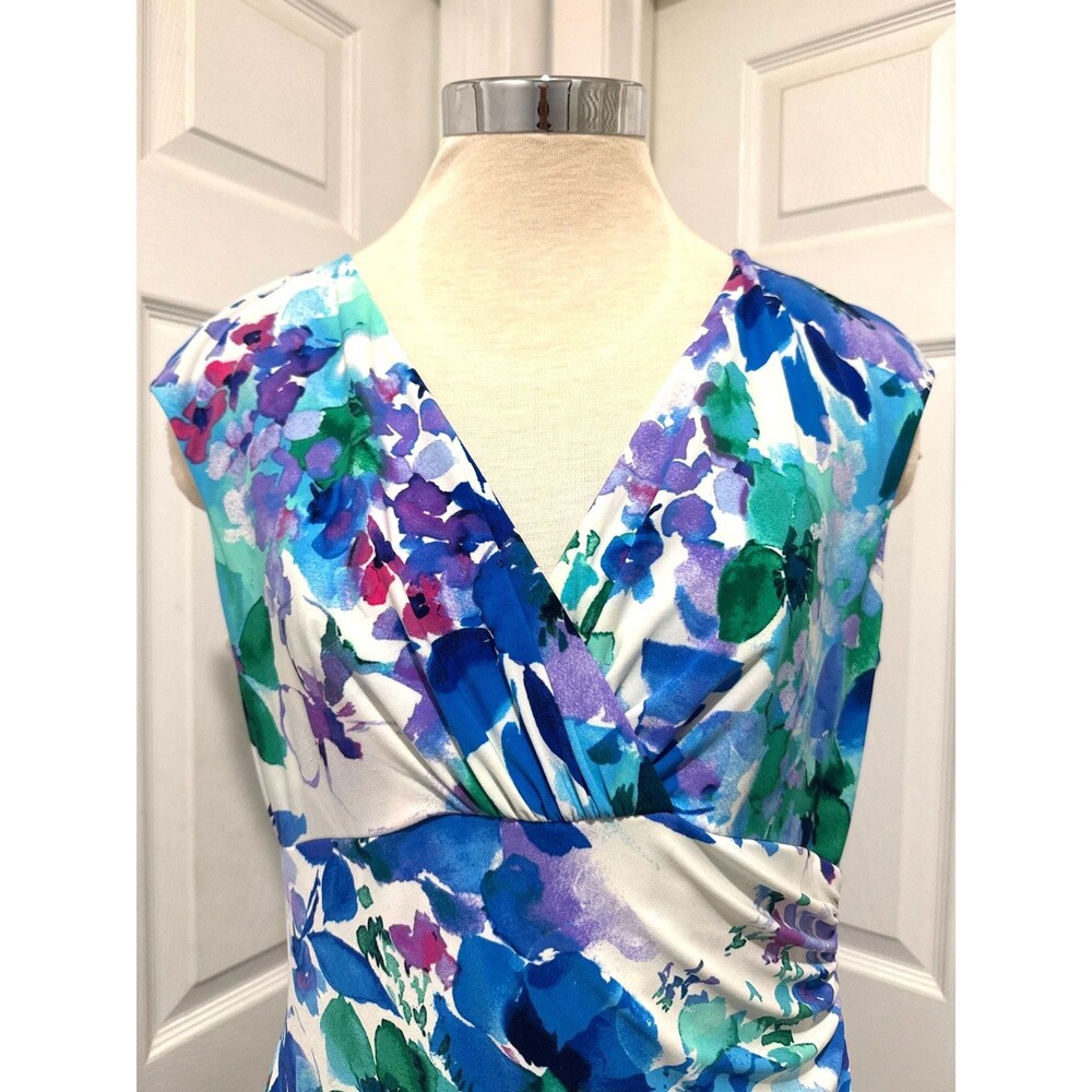 RALPH LAUREN Womens Size 12 Blue Floral Sheath Ruched Cap Sleeve Faux wrap Dress - Picture 2 of 5